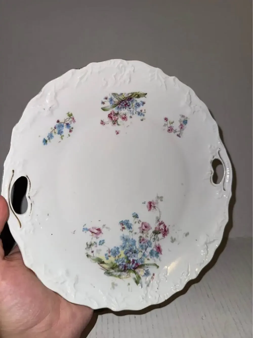 Antique Cake Plate Embossed Pink Roses White Daisies Blue Bachelors Buttons